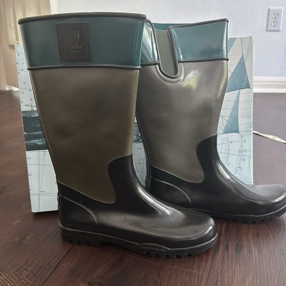 SPERRY WOMENS GET WET RAIN BOOTS GRAY HUNTER GREEN BLACK TALL SIZE 8 - Picture 1 of 8